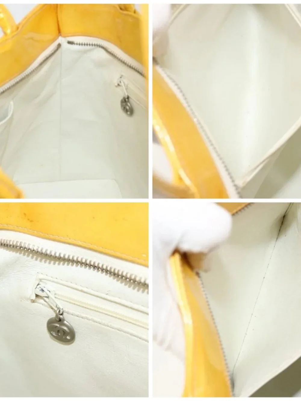 CHANEL Standard Tote Bag Patent leather Yellow CC Auth 177242